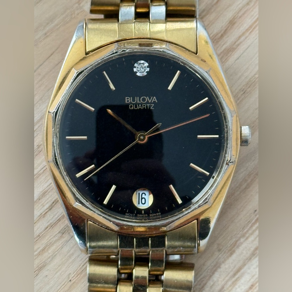 Bulova Vintage Diamond Watch Black Dial Gold Case Bracelet Date New Crystal
